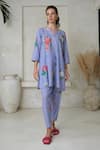 ROZA_Purple Linen Printed Floral V-neck Amelia Kurta With Pant _Online