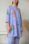 Shop_ROZA_Purple Linen Printed Floral V-neck Amelia Short Kurta With Pant _Online_at_Aza_Fashions