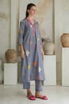 Shop_ROZA_Purple Linen Printed Floral V-neck Marigold Kurta With Pant _Online_at_Aza_Fashions