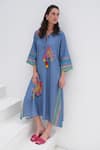 Buy_ROZA_Blue Linen Printed Bohemian V-neck Positano Dress _at_Aza_Fashions