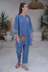 Buy_ROZA_Blue Linen Printed Floral Notched Positano Tunic With Pant _at_Aza_Fashions