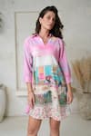 ROZA_Multi Color Linen Printed Garden V-neck Faye Quaint Afternoon Dress _Online_at_Aza_Fashions