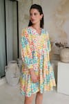 ROZA_Multi Color Linen Printed Floral V-neck Camelia Short Dress _Online_at_Aza_Fashions