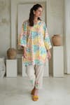 ROZA_Multi Color Linen Printed Floral Collar Camelia Tunic With Pant _at_Aza_Fashions