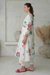 ROZA_Ivory Linen Printed Floral V-neck Amelia Long Kurta With Pant _at_Aza_Fashions