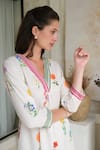 ROZA_Ivory Linen Printed Floral V-neck Marigold Watercolor Kurta With Pant _Online_at_Aza_Fashions