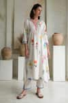 Shop_ROZA_Ivory Linen Printed Floral V-neck Marigold Watercolor Kurta With Pant _Online_at_Aza_Fashions