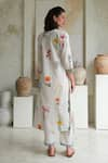 ROZA_Ivory Linen Printed Floral V-neck Marigold Watercolor Kurta With Pant _at_Aza_Fashions