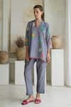 Buy_ROZA_Purple Linen Print Marigold V Collar Floral Short Tunic With Pant _at_Aza_Fashions