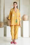 Buy_ROZA_Yellow Linen Print Marigold V Collar Short Tunic With Pant _at_Aza_Fashions