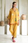 Shop_ROZA_Yellow Linen Print Marigold V Collar Short Tunic With Pant _Online_at_Aza_Fashions