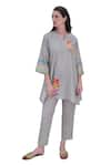 ROZA_Beige Linen Print Floral Notched Positano Tunic With Pant _Online_at_Aza_Fashions