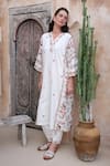 Shop_ROZA_Ivory Linen Print Vintage Rose V Neck Phiran Kurta With Pant _Online_at_Aza_Fashions