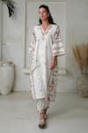 ROZA_Ivory Linen Print Vintage Rose V Neck Phiran Kurta With Pant _at_Aza_Fashions