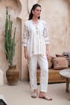 ROZA_Ivory Linen Print Vintage Rose V Neck Tunic With Pant _Online_at_Aza_Fashions