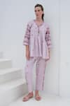 ROZA_Purple Linen Print Vintage Rose V Neck Short Tunic With Pant _at_Aza_Fashions