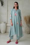 Buy_ROZA_Blue Linen Print Floral Notched Rosita Kurta With Pant _at_Aza_Fashions