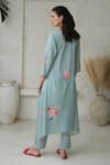 Shop_ROZA_Blue Linen Print Floral Notched Rosita Kurta With Pant _at_Aza_Fashions