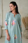 ROZA_Blue Linen Print Floral Notched Rosita Kurta With Pant _Online_at_Aza_Fashions