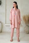 Buy_ROZA_Pink Linen Print Floral Collared V Neck Rosita Tunic _at_Aza_Fashions