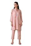 Shop_ROZA_Pink Linen Print Floral Collared V Neck Rosita Tunic _Online_at_Aza_Fashions