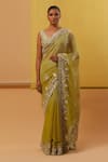 Shop_Sue Mue_Green Handwoven Cotton Tissue Lisna Silk Thread Paisley Saree With Blouse _Online_at_Aza_Fashions