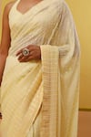 Shop_Sue Mue_Yellow Pure Shimmer Georgette Narwa Tonal Stripe Pattern Saree With Blouse _Online_at_Aza_Fashions