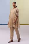 Buy_Sue Mue_Beige Pure Silk Organza Embroidered Zardozi Cape Round Reeha Pant Set 