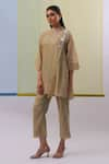 Sue Mue_Beige Handwoven Chanderi Mulmul Embroidered Thread Band Risha Tunic With Pant _at_Aza_Fashions