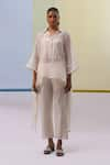 Sue Mue_Off White Handwoven Chanderi Mulmul Eman Side Tie Asymmetric With Pant _at_Aza_Fashions