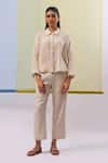 Buy_Sue Mue_Beige Pure Linen Embroidered Gara Shirt Collar Aami High-low With Pant _at_Aza_Fashions