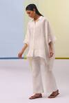 Shop_Sue Mue_Off White Pure Linen Embroidered Silk Thread Shirt Hyat High-low With Pant _at_Aza_Fashions