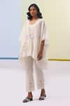 Buy_Sue Mue_Off White Handwoven Cotton Chanderi Embroidery Arwa Daisy Kimono Top Pant Set _Online_at_Aza_Fashions