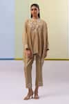 Buy_Sue Mue_Beige Handwoven Cotton Chanderi Embroidery Aida Floret Yoke Tunic With Pant _at_Aza_Fashions