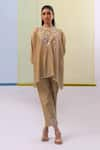 Shop_Sue Mue_Beige Handwoven Cotton Chanderi Embroidery Aida Floret Yoke Tunic With Pant _Online_at_Aza_Fashions