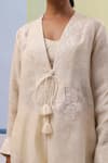 Sue Mue_Beige Pure Linen Embroidery Thread V Neck Warda Gulshan Tunic Pant Set _Online_at_Aza_Fashions