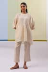 Buy_Sue Mue_Beige Pure Linen Embroidery Thread High Ifra Patri And Geometric Tunic With Pant _at_Aza_Fashions