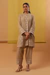 Sue Mue_Beige Handwoven Cotton Tissue Embroidery Thread High Zakia Ambrosia Kurta Set _at_Aza_Fashions