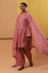 Sue Mue_Pink Handwoven Cotton Tissue Embroidery Thread Isbah Gullista Kurta Set _at_Aza_Fashions