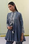 Sue Mue_Blue Handwoven Cotton Tissue Embroidery Thread Ira Phoolista Anarkali Set _Online_at_Aza_Fashions