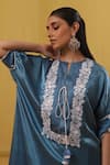 Shop_Sue Mue_Blue Pure Silk Satin Embroidery Patri High Neck Zia Flora Kaftan Set _at_Aza_Fashions