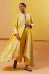 Buy_Sue Mue_Yellow Handwoven Silk Chanderi Embroidery Thread Cape Nyza Jacket Pant Set _at_Aza_Fashions