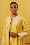 Sue Mue_Yellow Handwoven Silk Chanderi Embroidery Thread Cape Nyza Jacket Pant Set _Online_at_Aza_Fashions