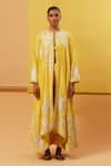 Sue Mue_Yellow Handwoven Silk Chanderi Embroidery Thread Cape Nyza Jacket Pant Set _at_Aza_Fashions