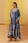 Buy_Sue Mue_Blue Handwoven Silk Chanderi Embroidery Thread Aqila Asymmetric Jacket Pant Set _at_Aza_Fashions