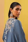 Shop_Sue Mue_Blue Handwoven Silk Chanderi Embroidery Thread Aqila Asymmetric Jacket Pant Set _Online_at_Aza_Fashions