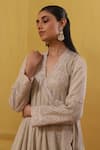 Shop_Sue Mue_Beige Handwoven Cotton Tissue Embroidery Gara Scallop Haya Thread Angarkha Set _Online_at_Aza_Fashions