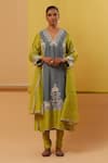 Buy_Sue Mue_Blue Handwoven Silk Chanderi Embroidery Thread V Iram Floral Neckline Kurta Set _at_Aza_Fashions