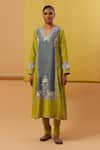 Shop_Sue Mue_Blue Handwoven Silk Chanderi Embroidery Thread V Iram Floral Neckline Kurta Set _Online_at_Aza_Fashions