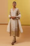 Buy_Sue Mue_Beige Handwoven Silk Chanderi Embroidery Thread V Neck Liba Kurta Set _at_Aza_Fashions